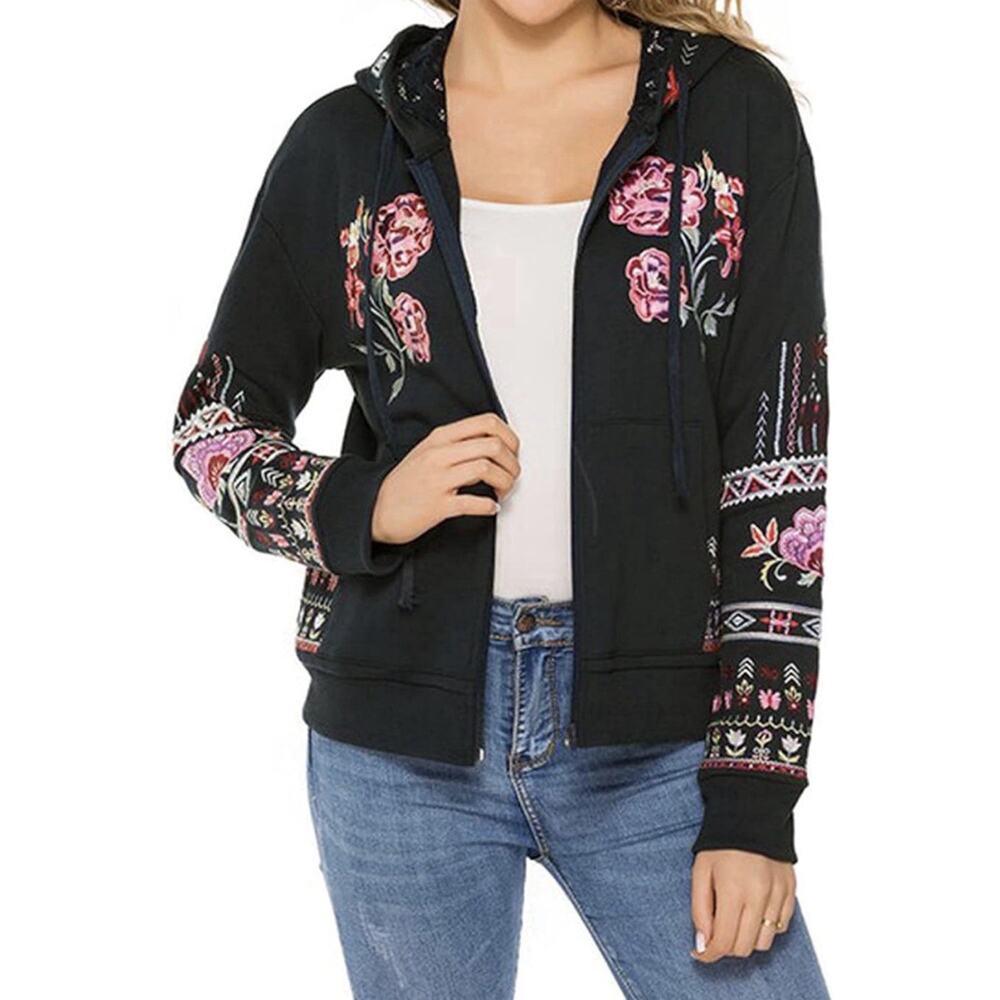 Navy Boho Floral Embroidered Hoodie Womens Zip Up Long Sleeve Rose Johnny S
